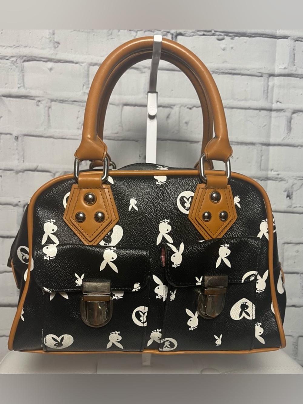 PLAYBOY Black Satchel with Tan Trim and Handles